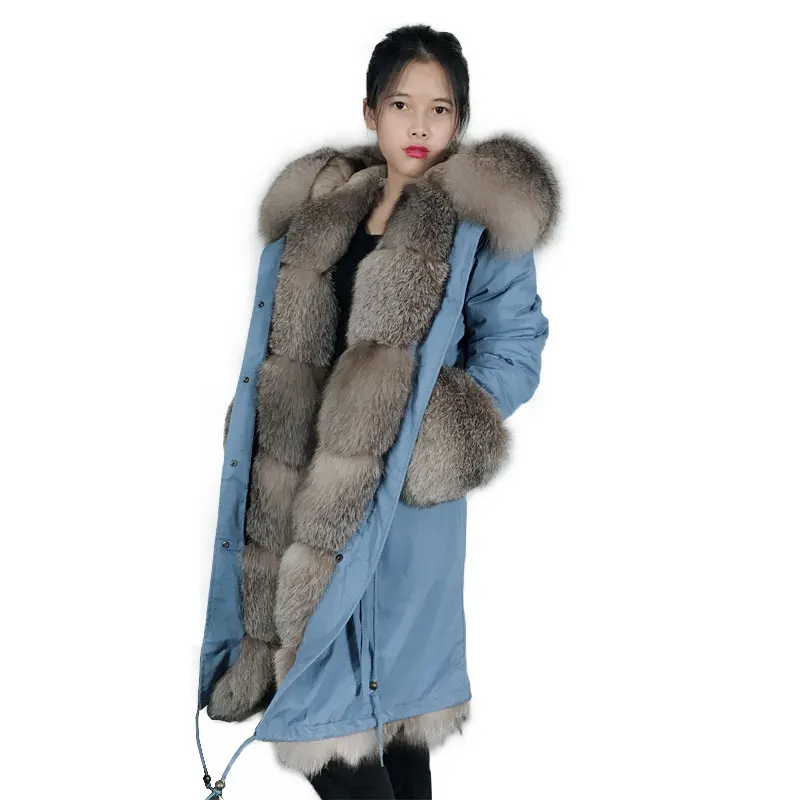 Роскошная женская парка небесно-голубого цвета, зимняя куртка из серебристого лисьего меха с меховым манжетом, теплая Женская парка с искусственным подкладом