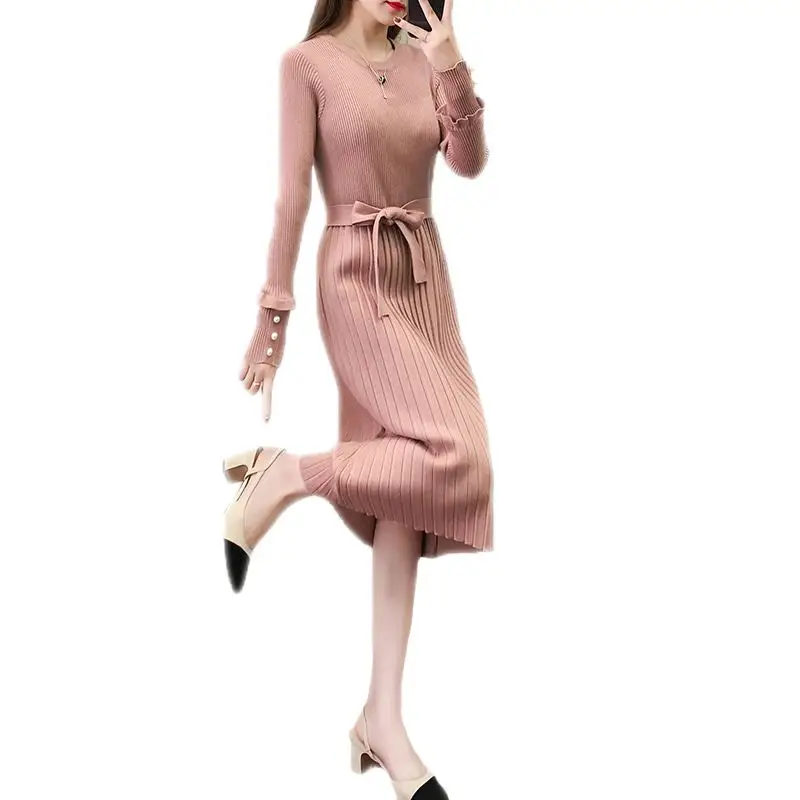 

Women Autumn Winter Elegant O-neck Long Knitted Dresses Sweater Female Warm Thick Slim Bow Belt Pearl Pleated Dress Pullover E80