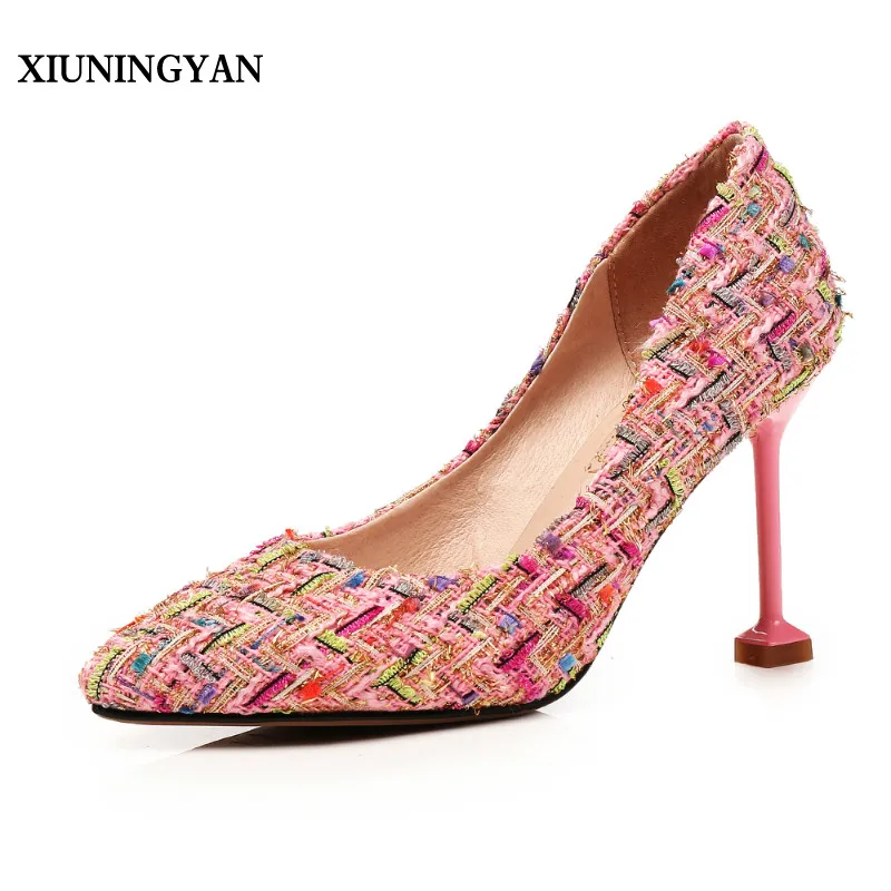 

XIUNINGYAN 2018 Women Pumps Denim Elegant Thin Heels Shoes Party Women Shoes Pointed Toe Slip on Office Pumps Lady Shoes 33-43