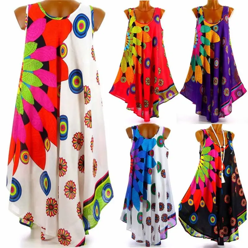 

Women Plus Size Italian Floral Print Boho Sleeveless Sundress Ladies Holiday Beach Dress
