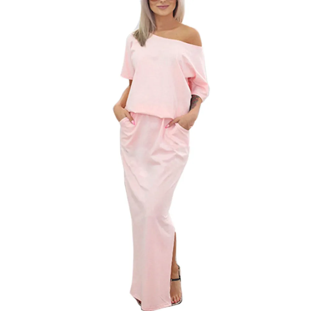 

JAYCOSIN Women Dress Summer Long Maxi Evening with Pocket Holiday Off Shoulder Split Ladies Summer Beach Party Dress 2019