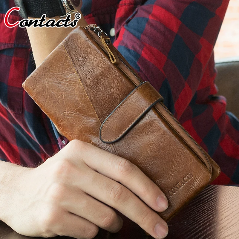 Baratos Billeteras de cuero genuino de contacto para hombre, tarjetero largo para teléfono, bolsa de dinero, monedero de lujo para hombre, carteras a mano
