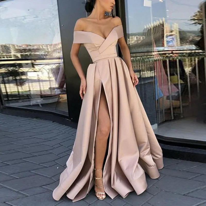 

Sexy Sky Blue High Slit Plus Size A-Line Prom Dresses 2019 Long Elegant Off the Shoulder Evening Dress Party Gown Satin