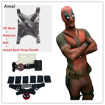 

Ainiel Deadpool Cosplay Costume Halloween Party Carnival Bodysuit Lycra Spandex Zentai Jumpsuit Suit and Belt Strap