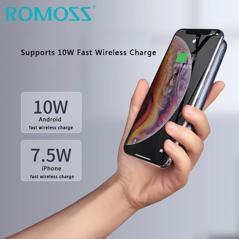 ROMOSS 10W cargador inalámbrico rápido banco de energía 10000mAh y 18W QC 30 carga rápida para iPho