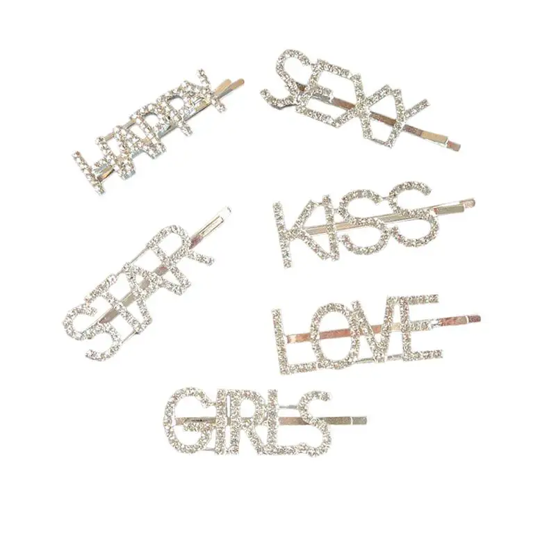6pcs Hairpins Rhinestone Words Short Shiny Hairpin Bobby Pins Hair