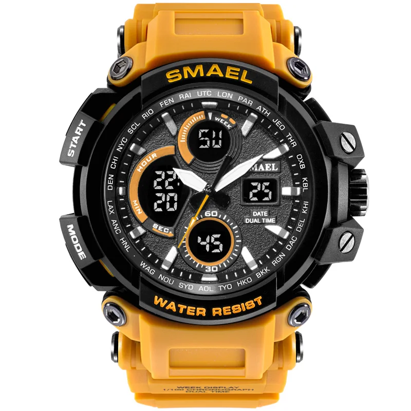 SMAEL, Брендовые спортивные часы для мужчин, двойное время, камуфляж, военные часы, для мужчин, армейские, светодиодный, цифровые наручные часы, 50 м, водонепроницаемые, мужские часы - Цвет: 1708 orange