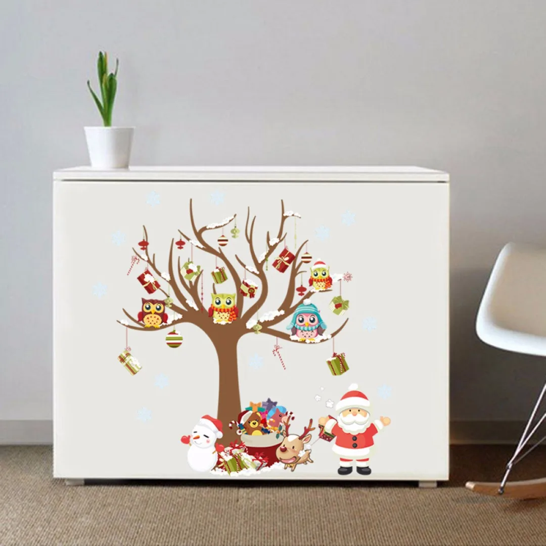 1pc 800*800mm Christmas Owls Tree Shop Window Wall Art Stickers Sticker Vinyl Home Decoration