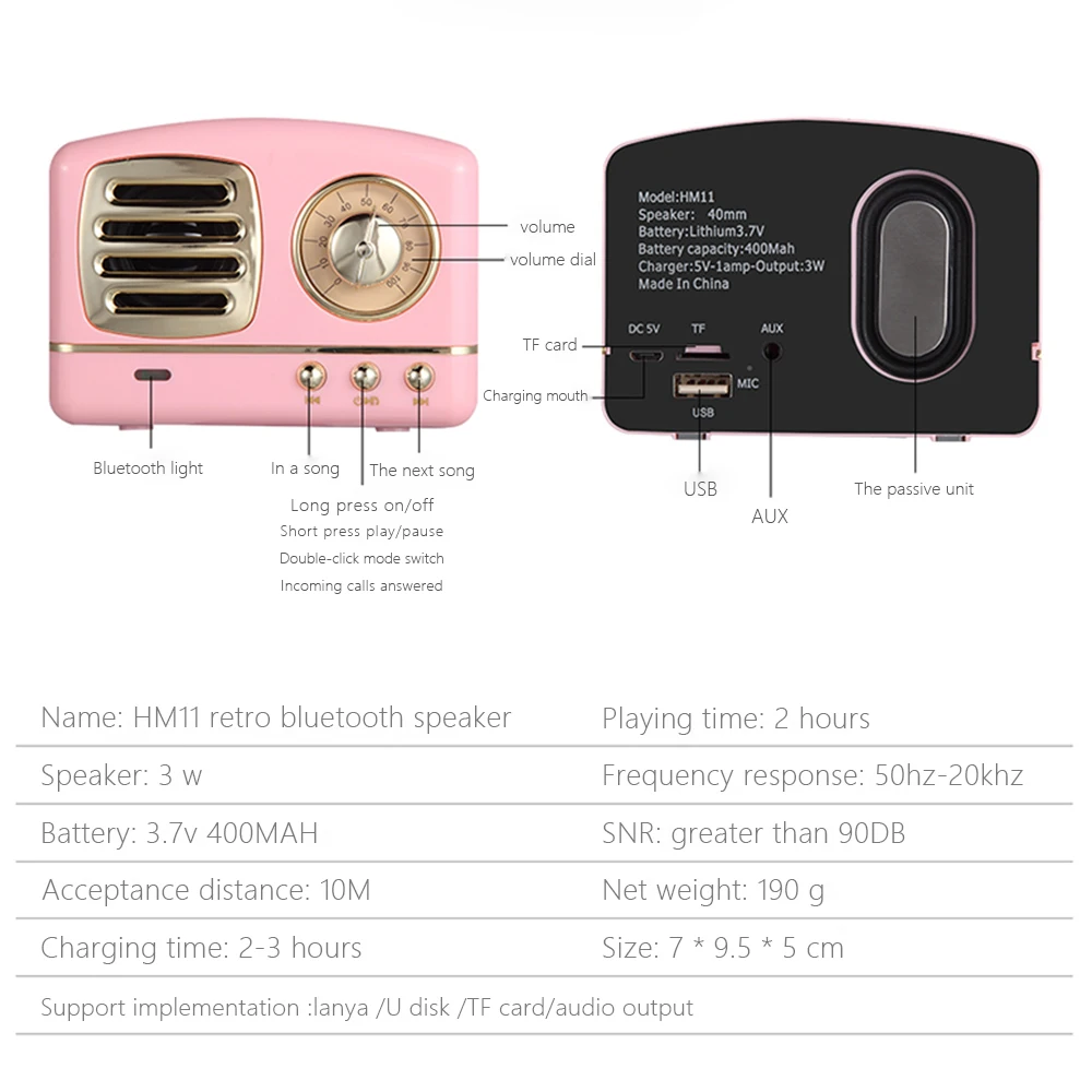 HM11 Retro Bluetooth Speaker Vintage Wireless Stereo Speaker Mini Outdoor Altavoz With Mic AUX Portable Handsfree Car Mp3 Player (9)