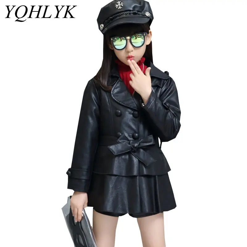 

New Fashion Autumn winter Girls Coat 2018 Children Pure Color Lapel Long Sleeve Leather Jacket Casual Joker Kids Clothes W131