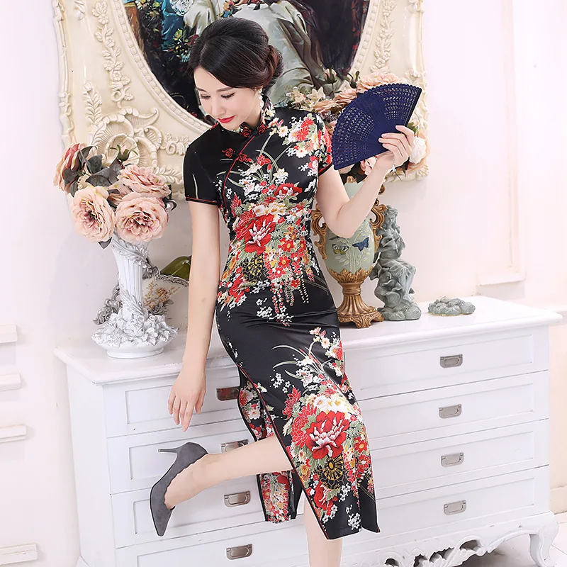 Размера плюс 6XL китайское женское платье Cheongsam Qipao черный с цветочным принтом