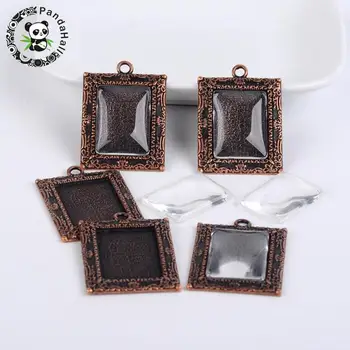 

5Sets Tibetan Style Pendant Cabochon Bezel Settings and Clear Glass Cabochons, Rectangle, Lead Free & Nickel Free, Red