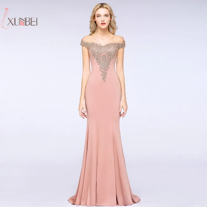 

Luxury Sexy Pink Lace Applique Mermaid Long Prom Dresses 2019 Off The Shoulder Backless Prom Gown Gala Dress
