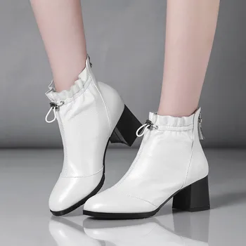 

YMECHIC 2018 Fashion Block High Heels Genuine Leather Womens Short Ankle Boots Plus Size White Black Wedding Offfice Shoes 43