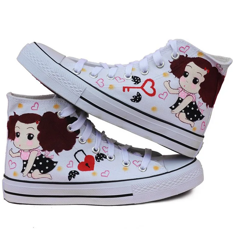 

Child's Shoes New Boys and Girls Hand-painted Cartoon Confused Doll Pattern Canvas Shoes White Student Shoes size 35-39