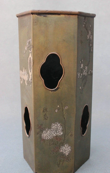 

8" Old Chinese Palace Bronze Flower Totems Pattern Brush Pot Pencil Vase Statue
