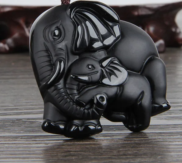 Natural Black Obsidian Stone Carved Mother And Son Elephant