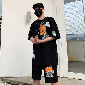 

2 Piece Summer Tshirt and Shorts Street Wear Japanese Cotton Short Mens Jogger Hip Hop Set Tracksuit for Men Sweatshirt Set M5S6