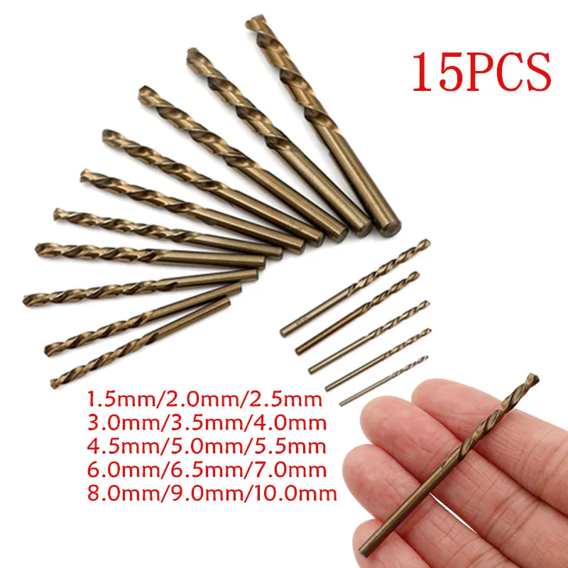 15pcs HSS-Co 5% M35 Cobalt Drill Bits For Metal Wood Working M35 HSS Steel Straight Shank 1.5-10mm Twist Drill Bit Power Tools