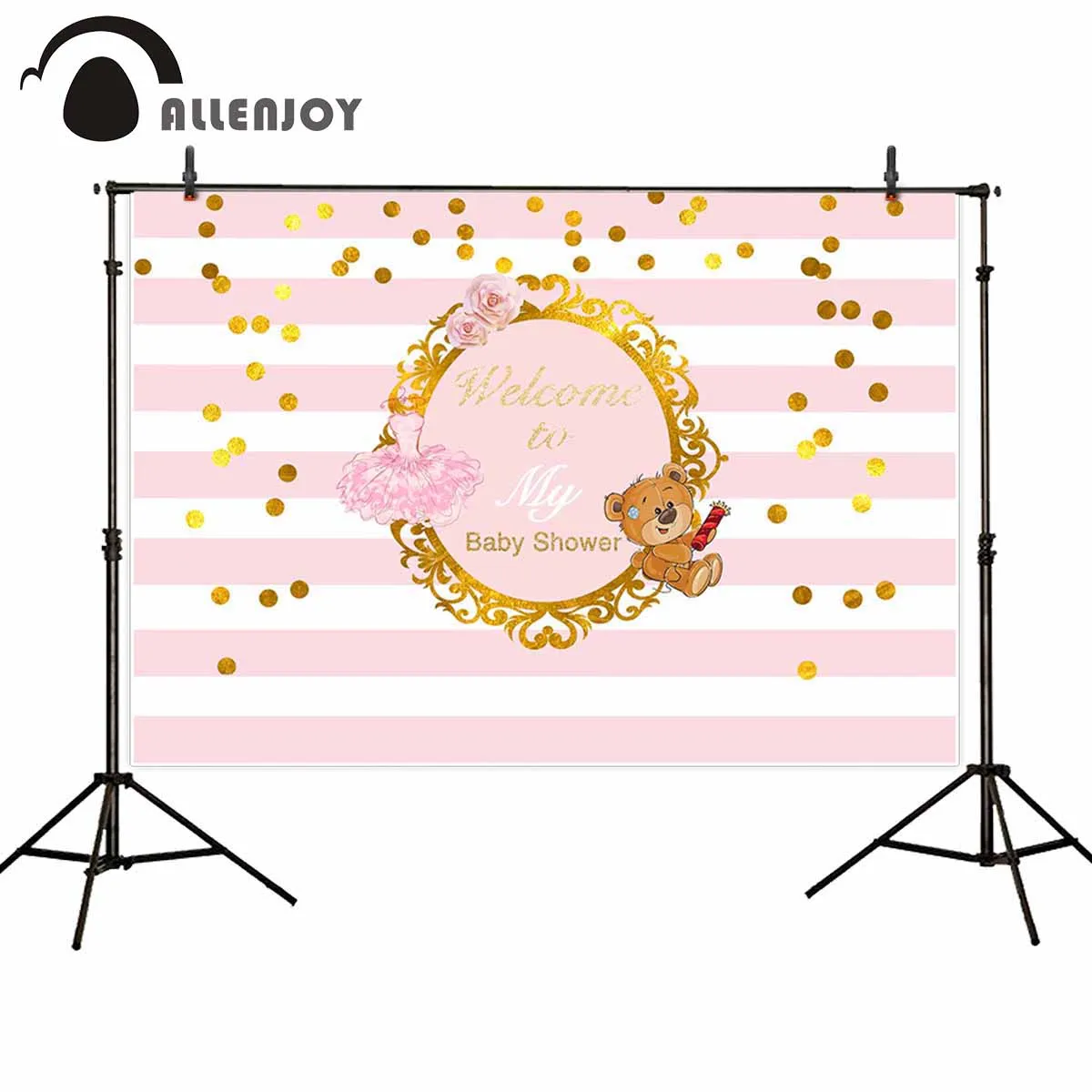 

Allenjoy backdrop for photographic studio Pink stripes rose ballet golden dots bear background baby shower customize photocall