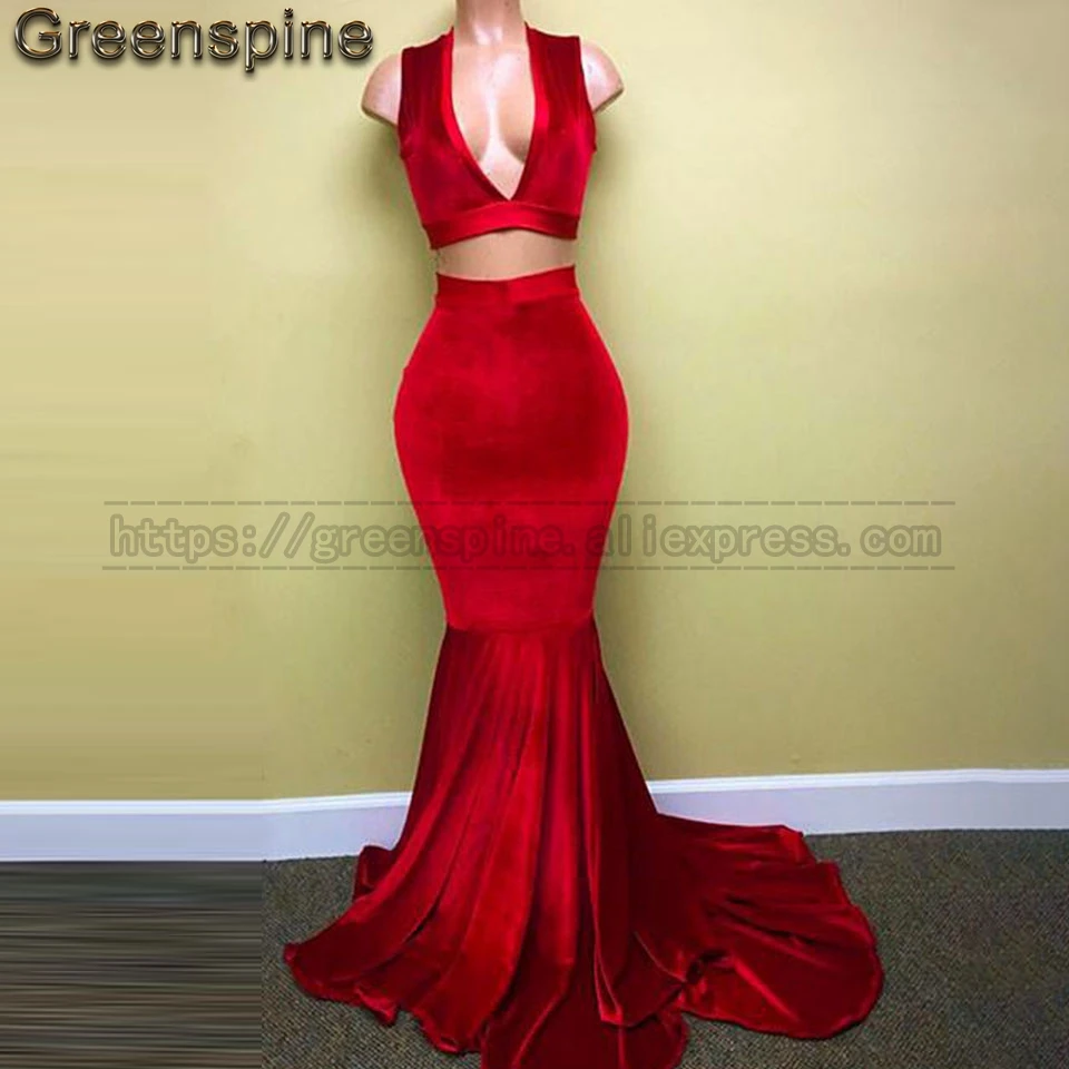 Красный Русалка платье для выпускного вечера Vestido Гала 2 шт. элегантный женское вечернее платье Глубокий V средства ухода за кожей Шеи бархат Формальные