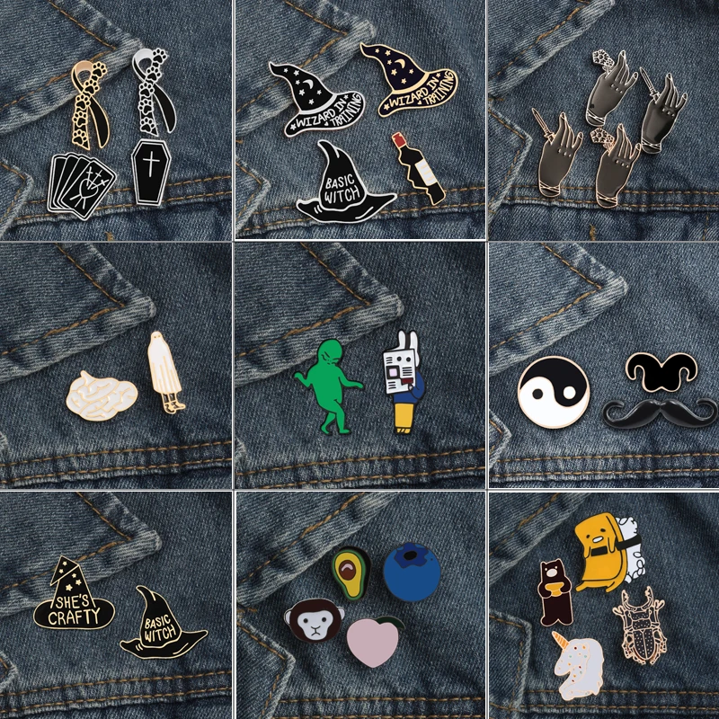

2~4 Pcs/set Brooch Collection Dark Black Enamel Pin Badge Bow Tie Beard Hat Animal Lapel Pins Coat Backpack Jewelry Accessories