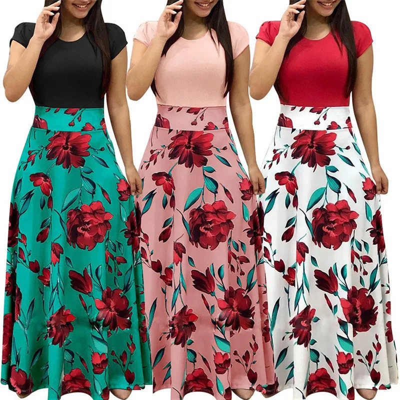 

Women Summer O-neck Dress 2019 Casual Short Sleeve Long Dress Boho Floral Print Maxi Dress Bandage Elegant Dresses Vestido