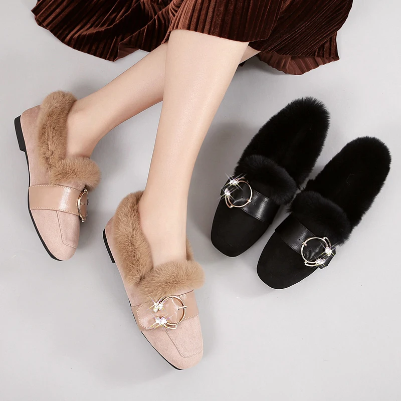 

Warm Platform Flat Shoes 2018 New Cow Suede Fashion Flat Rabbit Hair Slip On Shoes Slippers Jurchen Fur Black Khaki Shoes