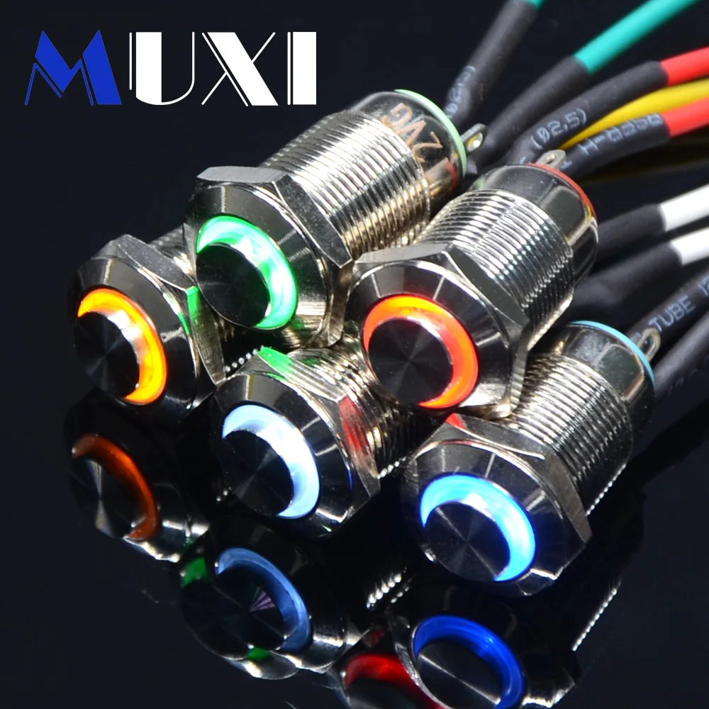 

12mm Self-Reset Waterproof Metal Push Button Switch With LED light 3V 5V 6V 12V 24V 36V 48V 110V 220V RED BLUE GREEN YELLOW