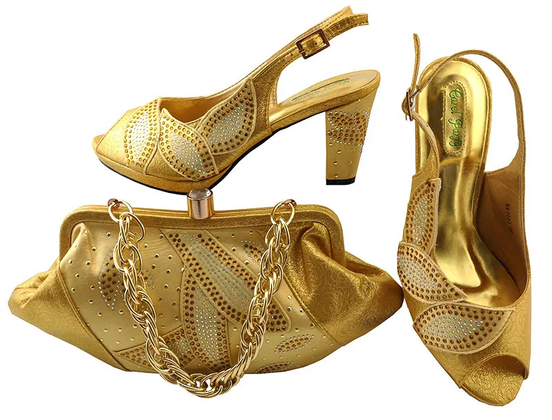

Gold lace fabric dress party for many stones shoes and bag matching set for african aso ebi wedding party fashion shoes SB8100-5