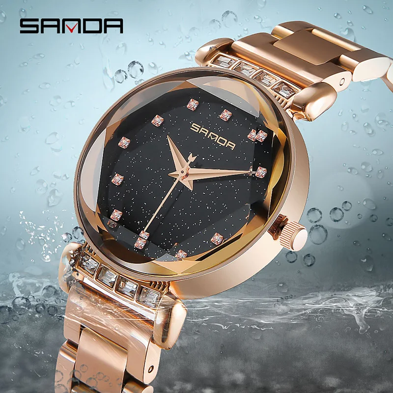 

SANDA Luxurious Crystal Watch Women's Dress Watch Fashion Rose Gold Quartz Women's Watch Steel strip Wrist Relogio Feminino