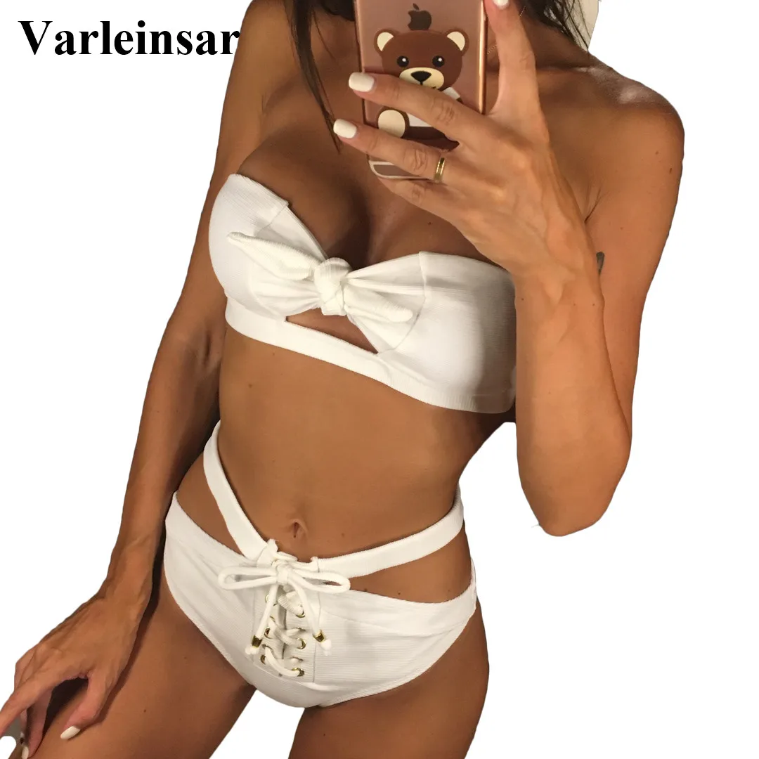 

Sexy White Bather High Waist bikini set 2019 swimsuit female swimwear women lace up bikini Bandeau bathing suit swim wear V188