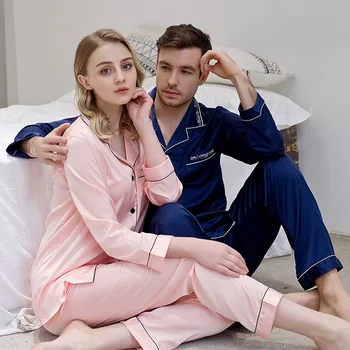 

New Spring Summer Stain Silk Male Sleepwear Set High Quality Men Women Home Casual Cardigan Long Sleeve Homme Pyjama Suit