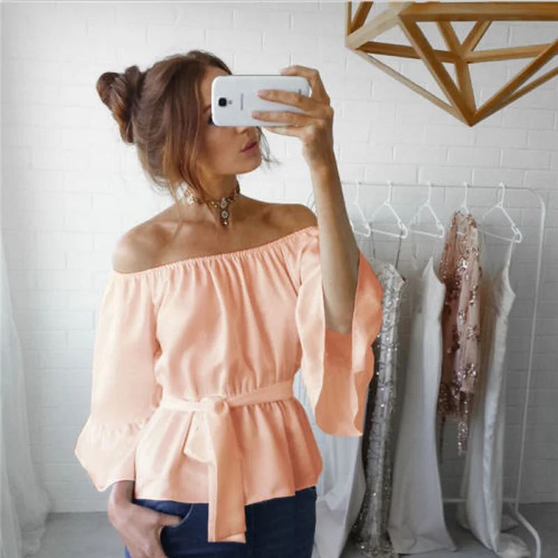 

Fashion Women's blouse High Street Chiffon Sashes Slash neck Solid Long Flare Sleeve Blouse Ladies Summer Shirt Loose Casual Top