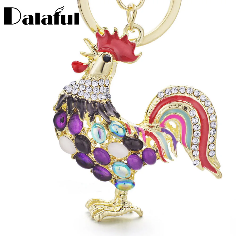 

12pcs/lot Pretty Keychains Opals Cock Rooster Chicken Crystal Bag Pendant Key Ring Key Chains Wholesale Lots Bulk Jewelry PK131