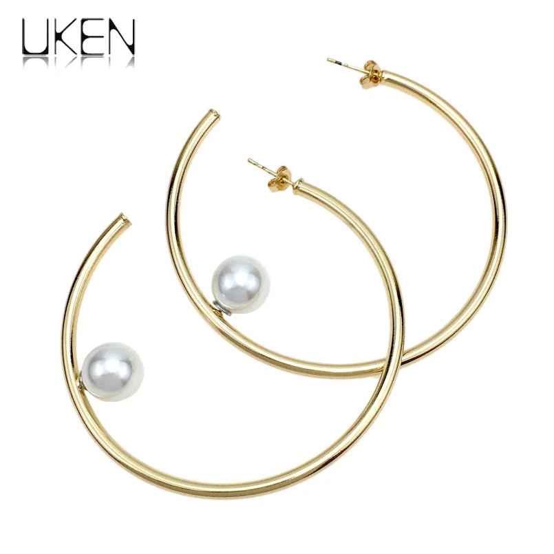 

UKEN Simple Punk Gold Color Simulated Pearls Hoop Earrings For Women Statement Metal Earrings Jewelry Brincos 2018