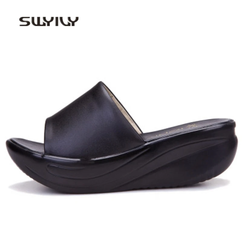 SWYIVY Women Toning Slippers Genuine Leather Platform Swing Shoes 2018 Summer Big Size Height Increase Lady Slippers Lose Weight