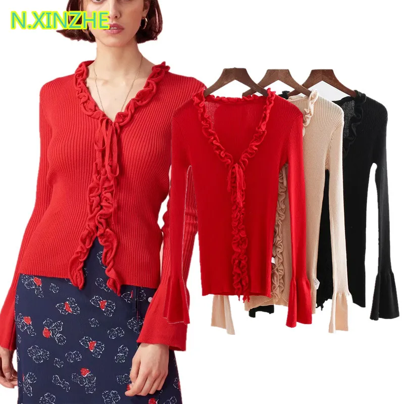 

2018 women clothing long sleeve V-Neck ruffles solid thin sweater knitted Tops Female high street fashion slim cotton cardigans