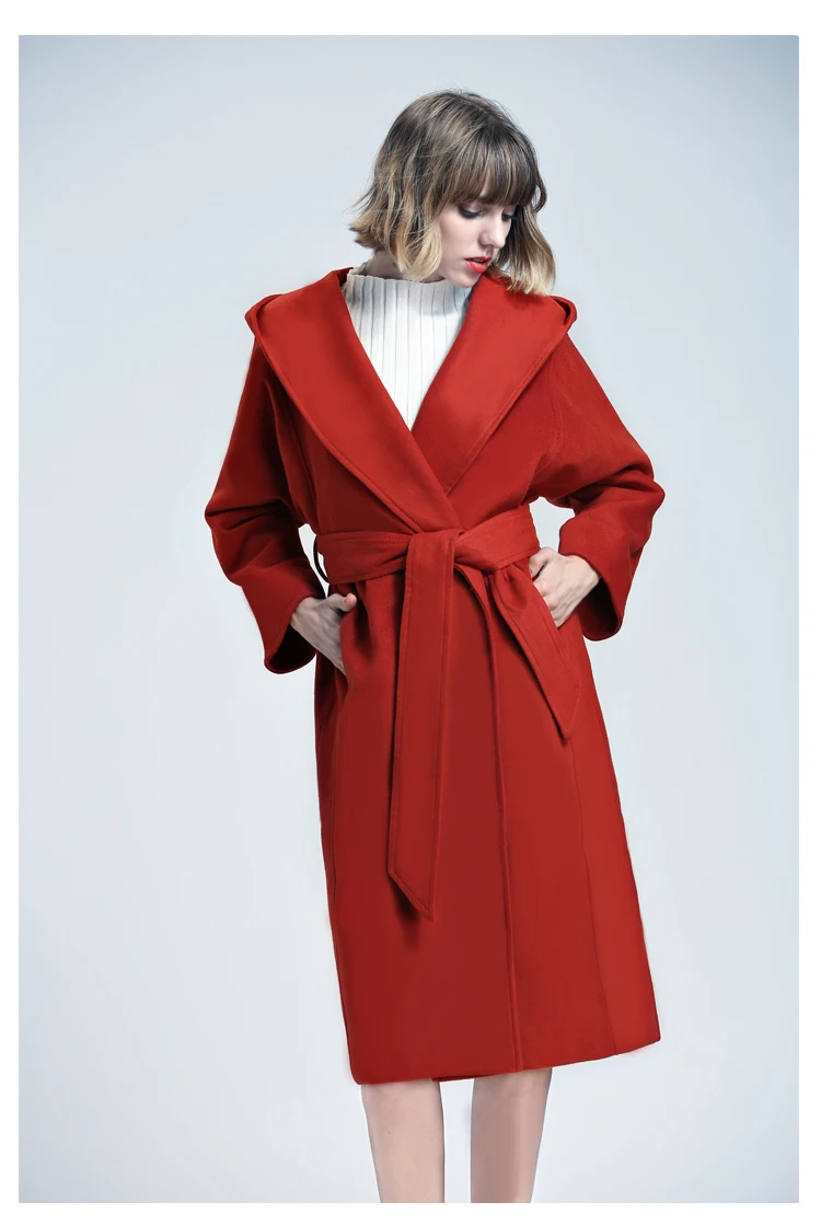 Осенне-зимнее Новое Женское шерстяное пальто с капюшоном модное Однотонное шерстяное пальто большого размера с поясом женская элегантная верхняя одежда NO904