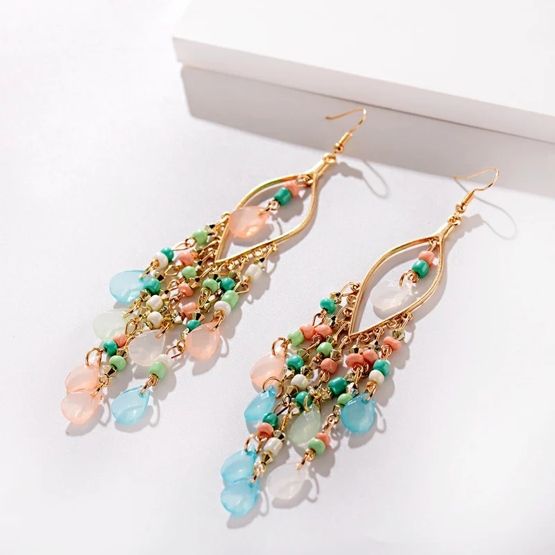 

Classic Trendy Blue Crystal Long Tassel Dangle Earrings For Women 2019 Fashion Indian Earrings Beads Wedding Earrings Hangers