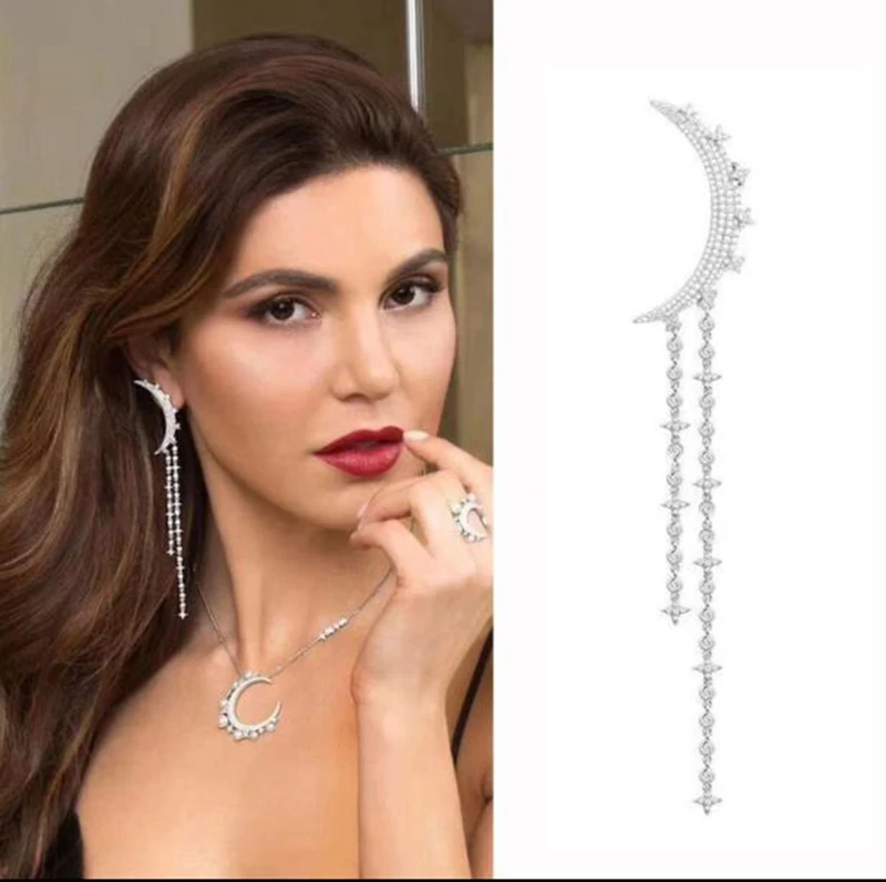 

One Thousand And One Night New Moon Tassel Star Stud Earring 925 Sterling Silver Zircon Art FESTIVAL Fairy Women Jewelry