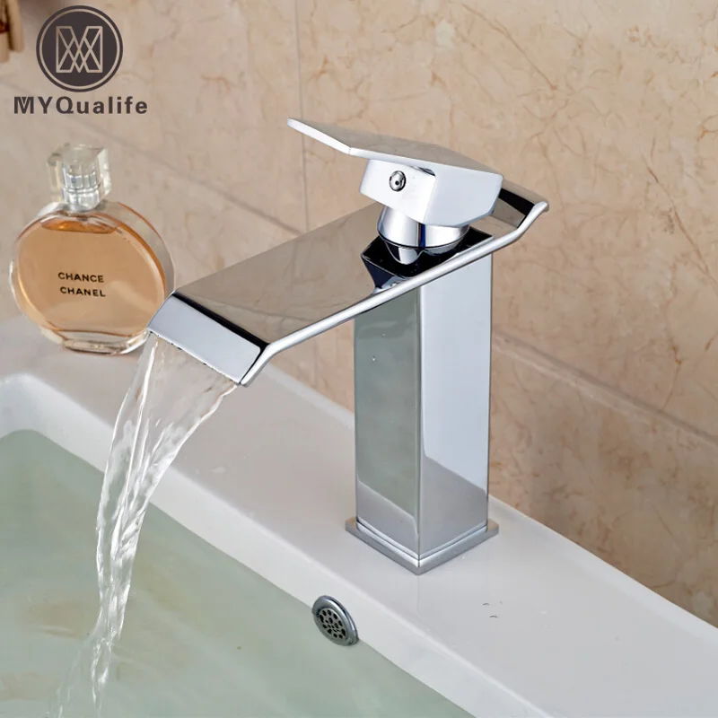 LED Chrome Waterfall Bathroom Basin Faucet Single Handle Vanity Sink Mixer Taps