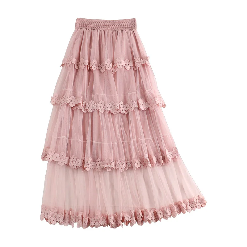 

2019 Spring New High Waist Slim Tulle Skirts Mesh Patchwork Leaf Cake Skirts Vintage Embroidered Long Pleated Skirt Faldas Saias