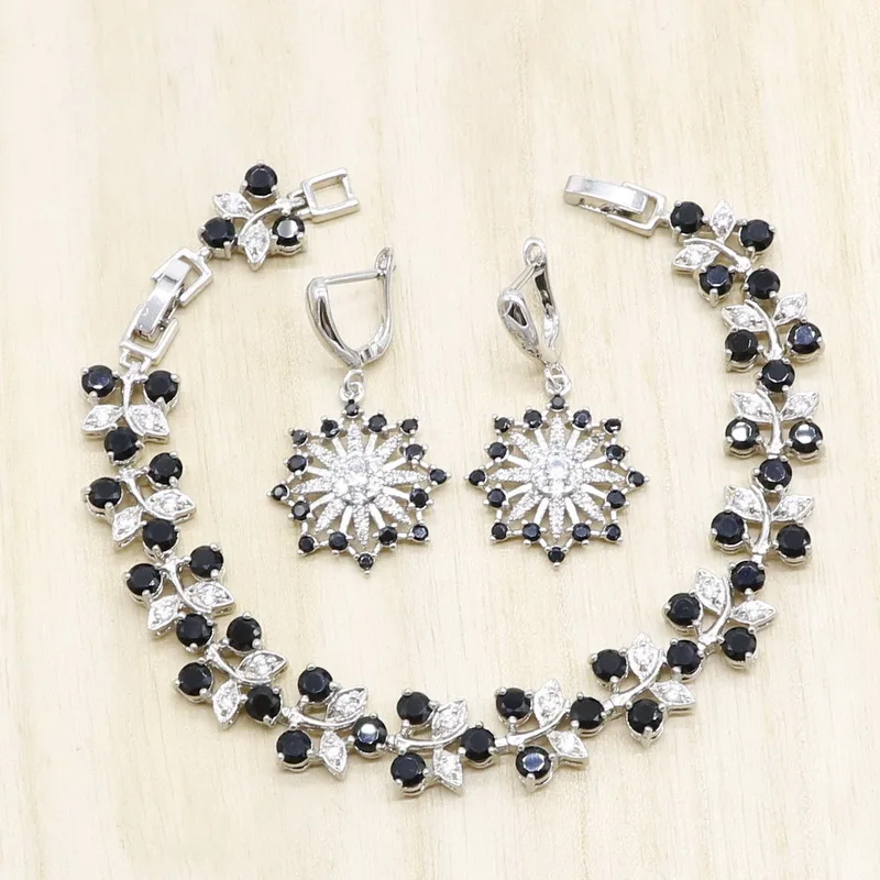 Черный цветок Форма циркония 925 Серебро Свадебные Ювелирные наборы для женщин ожерелье серьги браслет свадебный подарок на день рождения