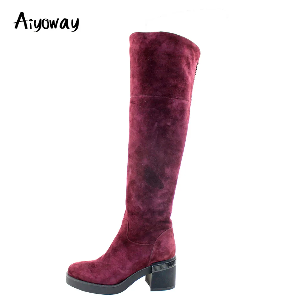 

Aiyoway Fashion Women Ladies Round Toe Mid Heel Knee Boots Wine Red Warm Winter Party Dress Shoes Zip Up Russia Size 36~40