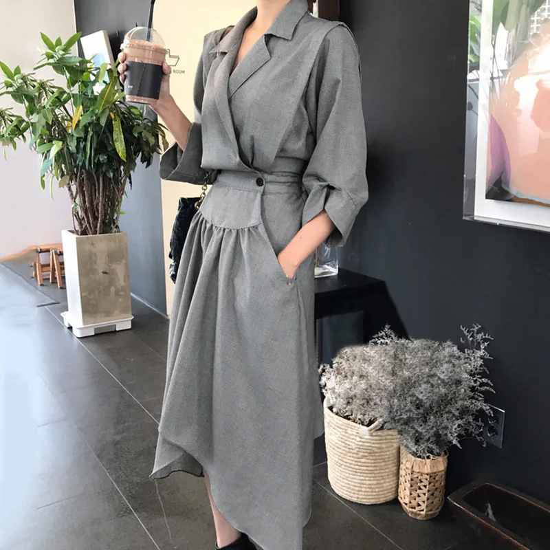 

LANMREM Spring New Fashion Korea 2019 New Fashion Notched Three Quarter Sleeve Irregular Hem Mid-calf Dress Woman FA14001