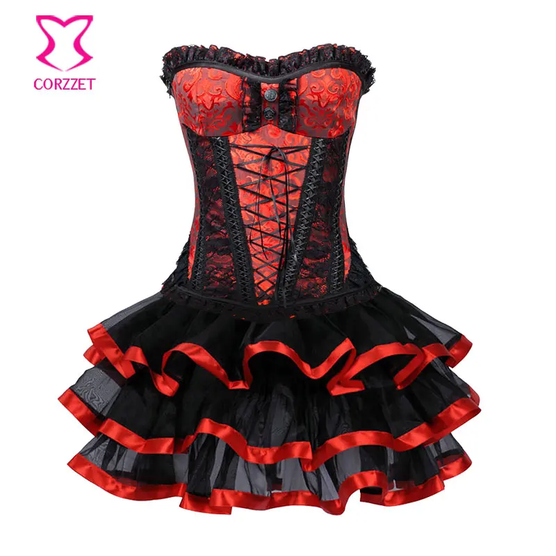 Red/Black Floral Lace Push Up Corsets And Bustiers Sexy Corset Dress