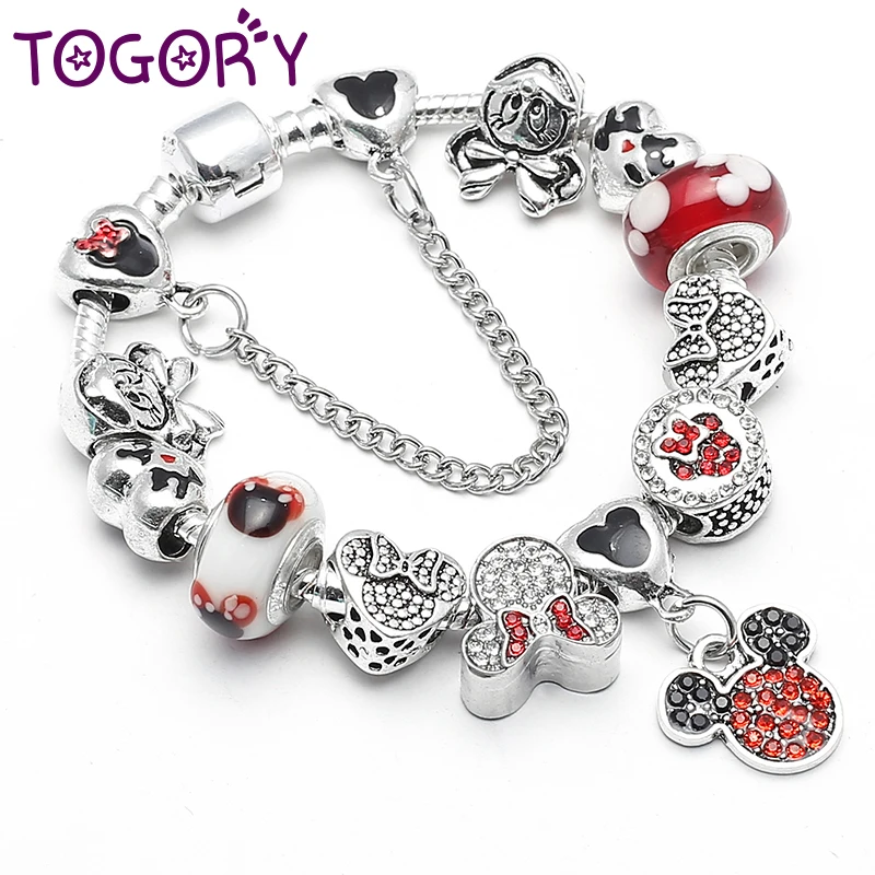 

TOGORY Original Silver Plated Mickey Minnie Charm Bracelet For Kids Women with Safety Chain Pandora Bracelet Authentic Jewelry