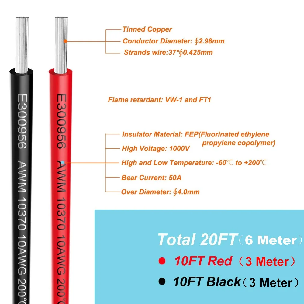 10 калибровочный Электрический провод первичный провод кабель высокого напряжения 1000 в автомобильный высокотемпературный провод аккумуляторный кабель черный 3 М+ Красный 3 м