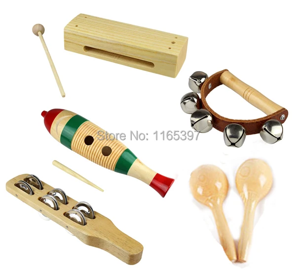 

Free ship fine quality affordable 1 set 5pc children kids wooden metal percussion musical instrument set music early education